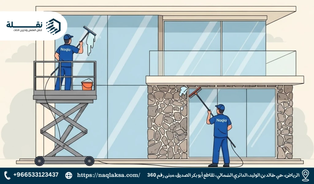 تنظيف الواجهات الزجاجية والحجرية للفلل بأمان وفعالية