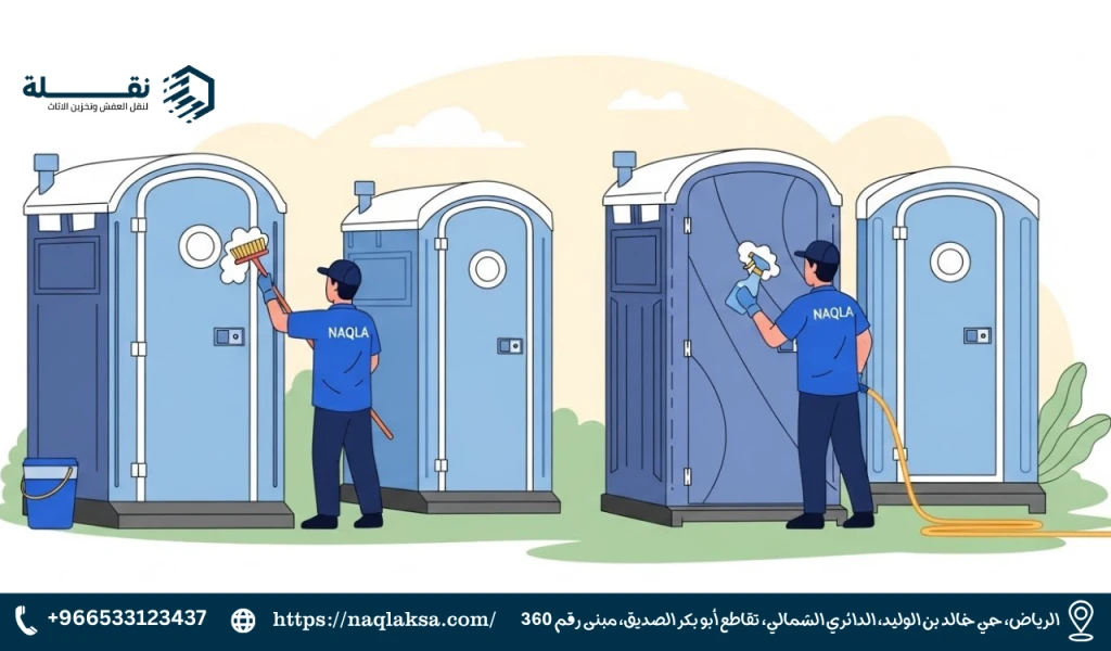 تنظيف وتعقيم دورات المياه المتنقلة في المخيمات